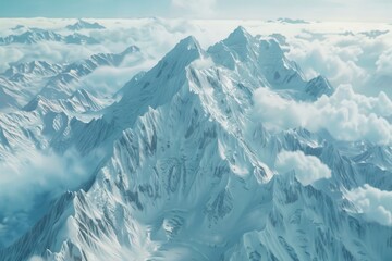 Fototapeta premium A Majestic Aerial View of Snowy Peaks Piercing Through Clouds on a Sunny Day