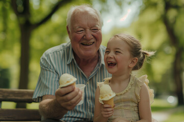 Fototapeta premium Cute little boy sharing ice cream with his grandpa while relaxing outdoors together. happy childhood with my Grandfather