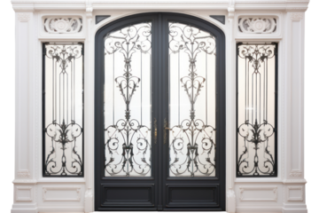 A classic French door with glass panels and ornate ironwork. Isolated on white background.