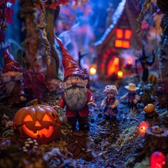 Naklejka premium Whimsical garden gnome village illuminated with Halloween lights and decorations, featuring a carved pumpkin and enchanted forest setting.