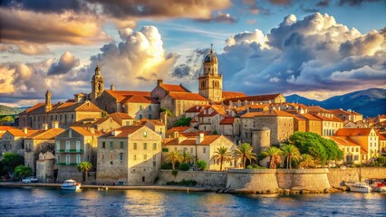 Obraz premium Vibrant watercolor depiction of medieval Korcula town's sunny summer day with blue sky, fluffy clouds, and ancient architecture.