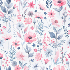 Watercolor seamless pattern with different wildflowers background
