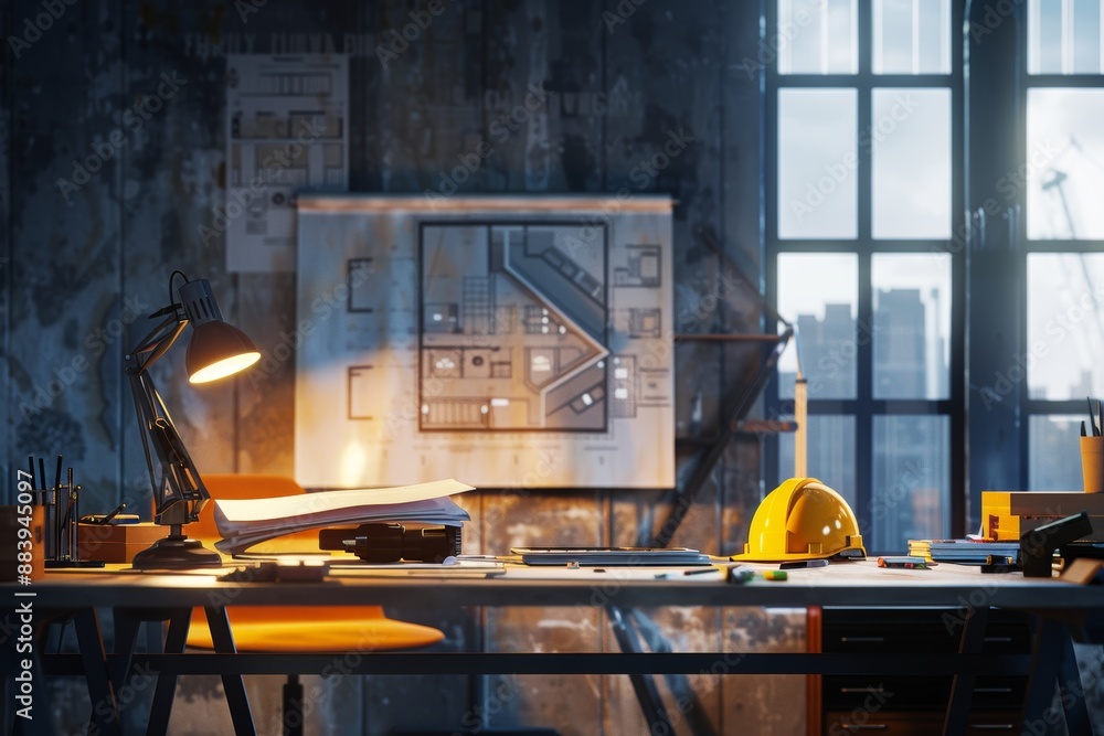 Poster architectural project development with mining light at construction site or office building