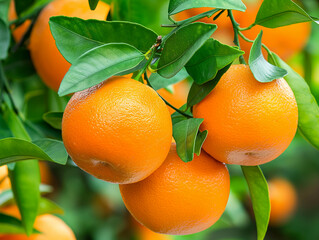 Oranges on a branch with green leaves on tree