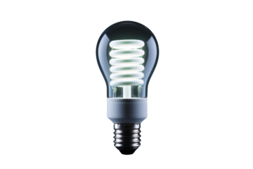 A bright, energy-efficient LED light bulb illuminating a dark room, isolated on a white background