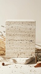 front angle shot close up empty minimalistic nature stone podium soft form beige natural colors cinematic filters soft studio lighting minimalistic form show surface dry plants sachets with herbs deco