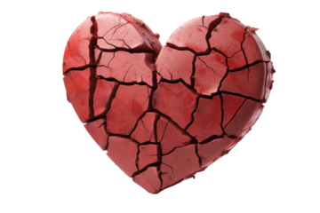 A brick heart sculpture with a crack in the middle, isolated on white background