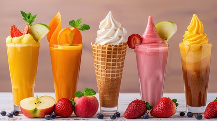 Ice cream cone, waffle, carrot juice, apple, tomato flavored glass light background crepe