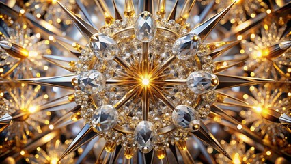 Dazzling luxury abstract background featuring intricate crystal structure with radiant silver and gold hues radiating from its center.