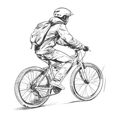 Naklejka premium Mountain biker rides through the countryside on a dirt trail