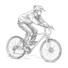 Naklejka premium Mountain biker rides through the countryside on a rugged trail