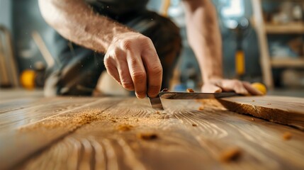 Hand Inspecting Wooden Flooring with Spirit Level for Flatness Renovation Project