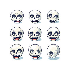 simple, flat, happy, funny, cartoon, skull at different angles on a white background 