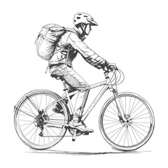 Naklejka premium Cyclist in protective gear rides bicycle with backpack