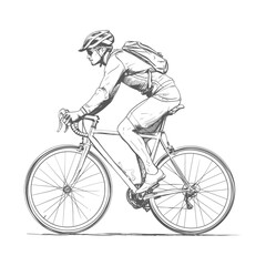 Obraz premium Cyclist in motion wearing helmet and backpack rides road bike