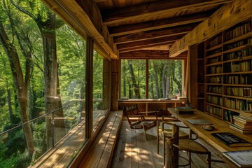Fototapeta premium A Tranquil Treehouse Library Bathed In Sunlight