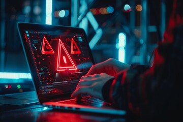 Cyber attack warning on laptop with ransomware, virus, spyware, malware, data breach alert