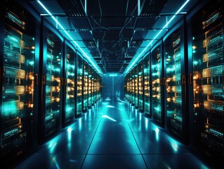 Fototapeta premium Illuminated Server Room with Advanced Technology Infrastructure, Rows of Glowing Server Racks and Cables