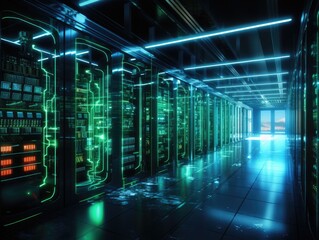 Fototapeta premium Illuminated Server Room with Advanced Technology in Glowing Server Racks and Cables