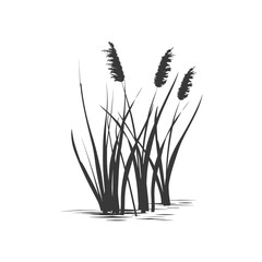 Minimalist black and white drawing of tall grass or reeds in a marsh