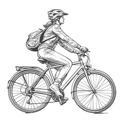 Naklejka premium Engraved Illustration: Young Woman Cycling with Backpack, Side Profile