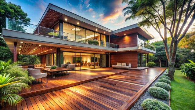 Luxurious modern house with expansive wooden patio featuring rich Ipe wood decking in a serene tropical outdoor setting.