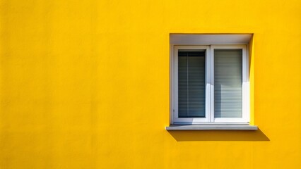 Fototapeta premium Bright yellow wall with a white window frame, subtle shadows, and a hint of modern minimalist architecture in the background.