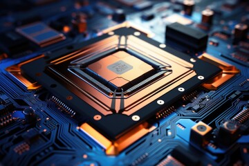 Fototapeta premium Futuristic Quantum Computer Chip with Advanced Cooling System Close-Up
