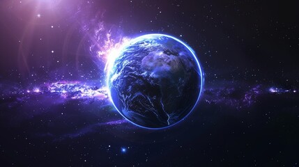 Obraz premium A large sphere on a dark background, emitting a blend of blue and purple light from behind the upper half