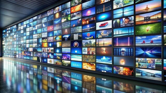 Array of modern TV screens displaying various channels and programs on a sleek black wall, symbolizing modern media and entertainment technology convergence.