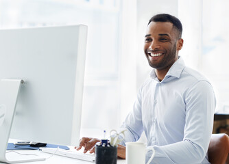 Black man, computer and software developer at desk, online and design website on office internet. Male person, cloud computing and feedback for html code, programming and algorithm for cybersecurity