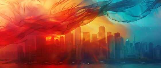 Naklejka premium A vibrant city skyline in abstract colors of red, orange, and blue, capturing the essence of urban life in a dreamlike atmosphere.