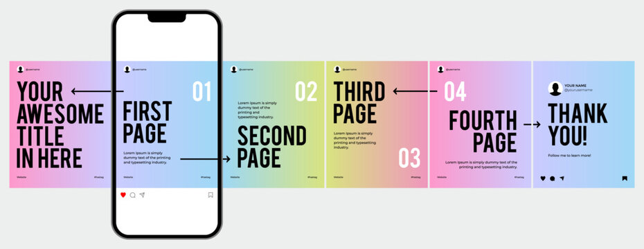 Microblog or carousel post template design for social media. Six page in portrait frame, seamless, minimalist style with pastel colors gradient theme.