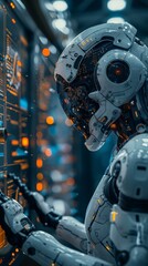 Fototapeta premium Robot AI working on the computer, The Ai Robot Looking in fron of him a digital screen transparent view of technology hud, Focus on face of Ai Roboto, Background Data control Center
