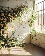 Background with roes flowers on the wall and the window sunshine generative AI