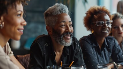 Obraz premium A group of people are sitting around a table, smiling and laughing