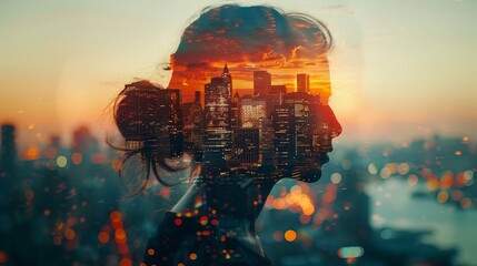 Obraz premium Double exposure of a woman's silhouette combined with a vibrant cityscape during sunset, showcasing urban life and human connection.