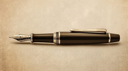 Elegant black fountain pen with silver details on beige background. Perfect for writing enthusiasts and collectors. High-quality stationery item.