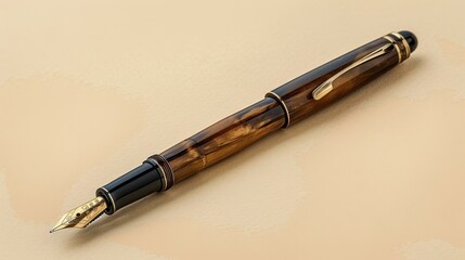 Fototapeta premium Elegant fountain pen with wood finish and gold accents on light brown background. Ideal for luxury writing and calligraphy enthusiasts.