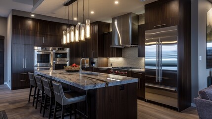 A sleek kitchen with dark wood cabinetry