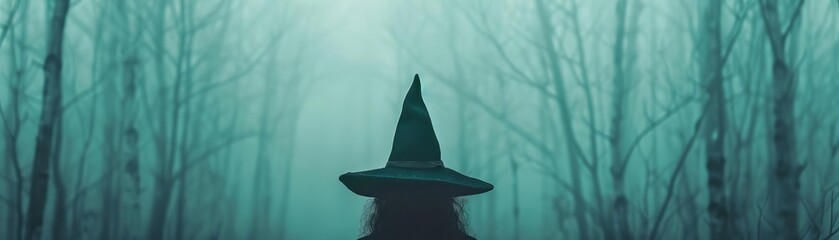Fototapeta premium A mysterious figure in a witch's hat stands in a foggy forest, invoking a sense of magic and dark fantasy.