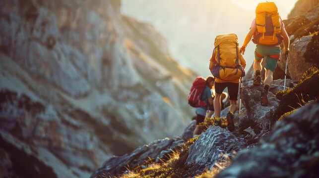 Three people are hiking up a mountain