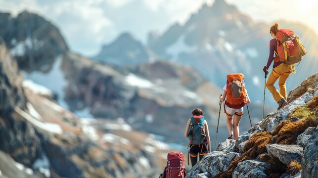 Three people are hiking up a mountain with backpacks