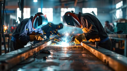 Two men are working on a metal project, wearing protective gear