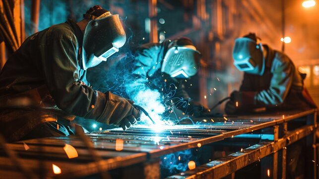 Three men are working on a metal structure, wearing protective gear