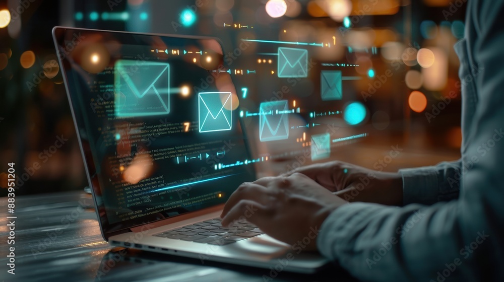 Aufkleber a person is typing on a laptop with a screen displaying a bunch of emails