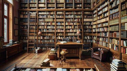 Obraz premium A sophisticated library with floor-to-ceiling bookshelves filled with books