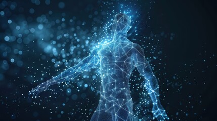 Glowing blue polygonal man with outstretched arms in dark space
