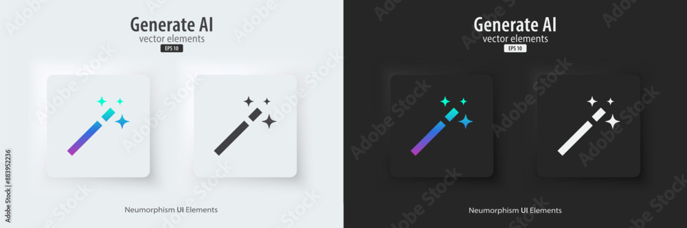 Aufkleber Set of generative AI square buttons. Press the button to create ideas. Neumorphism design style for apps, websites, and Interfaces. Artificial intelligence technology. Vector illustration.