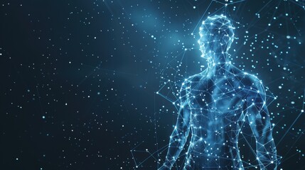 Fototapeta premium Glowing blue polygonal human figure on dark blue background with white dots resembling stars